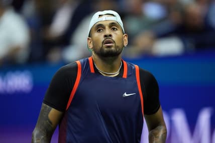 Sep 6, 2022; Flushing, NY, USA; Nick Kyrgios of Australia reacts during a match against Karen Khachanov (not pictured) on day nine of the 2022 U.S. Open tennis tournament at USTA Billie Jean King Tennis Center. Mandatory Credit: Danielle Parhizkaran-USA TODAY Sports