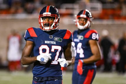 Sep 2, 2022; Montreal, Quebec, CAN; Montreal Alouettes wide receiver Eugene Lewis (87) runs on the field during the third quarter at Percival Molson Memorial Stadium. Mandatory Credit: David Kirouac-USA TODAY Sports