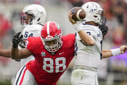Sep 10, 2022; Athens, Georgia, USA; Georgia Bulldogs defensive lineman Jalen Carter (88) hits Samford Bulldogs quarterback Michael Hiers (10) during the first half at Sanford Stadium. Mandatory Credit: Dale Zanine-USA TODAY Sports