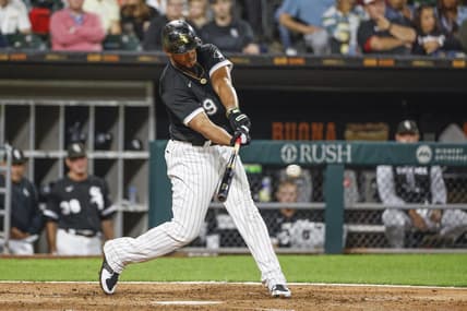 Sep 13, 2022; Chicago, Illinois, USA; Chicago White Sox first baseman Jose Abreu (79) singles against the Colorado Rockies during the sixth inning at Guaranteed Rate Field. Mandatory Credit: Kamil Krzaczynski-USA TODAY Sports