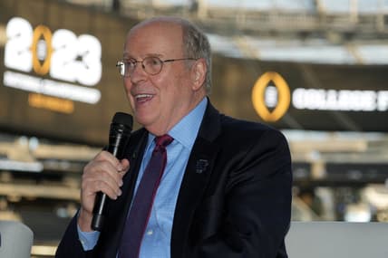 Sep 14, 2022; Inglewood, California, US; College Football Playoff executive director Bill Hancock attends the Jimmy Kimmel LA Bowl Kickoff event at SoFi Stadium. Mandatory Credit: Kirby Lee-USA TODAY Sports