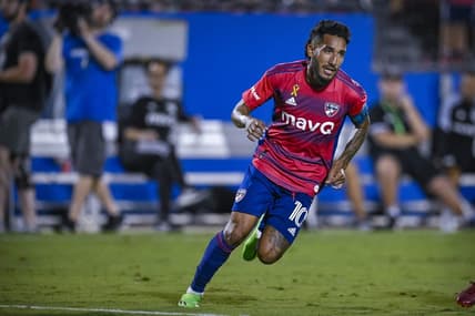 Sep 10, 2022; Frisco, Texas, USA; FC Dallas forward Jesus Ferreira (10) in action during the game between FC Dallas and Los Angeles FC at Toyota Stadium. Mandatory Credit: Jerome Miron-USA TODAY Sports