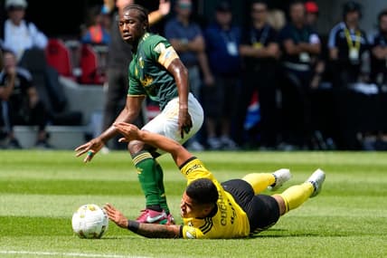 Sep 18, 2022; Columbus, Ohio, USA; Columbus Crew forward Cucho Hernandez (9) is fouled by Portland Timbers midfielder Diego Chara (21) during the first half of the MLS game at Lower.com Field. Mandatory Credit: Adam Cairns-The Columbus Dispatch

Mls Portland Timbers At Columbus Crew