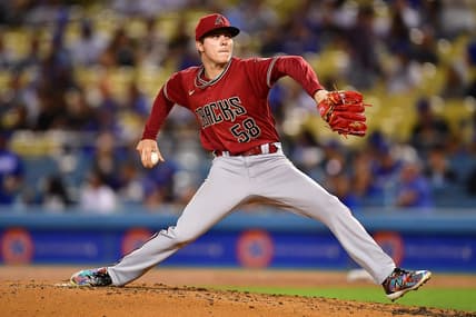 Sep 20, 2022; Los Angeles, California, USA; Arizona Diamondbacks relief pitcher Drey Jameson (58) throws against the Los Angeles Dodgers during the fourth inning at Dodger Stadium. Mandatory Credit: Gary A. Vasquez-USA TODAY Sports