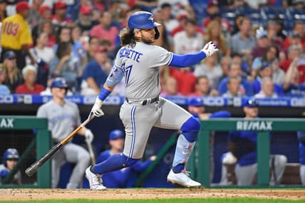 Sep 20, 2022; Philadelphia, Pennsylvania, USA; Toronto Blue Jays shortstop Bo Bichette (11) against the Philadelphia Phillies at Citizens Bank Park. Mandatory Credit: Eric Hartline-USA TODAY Sports