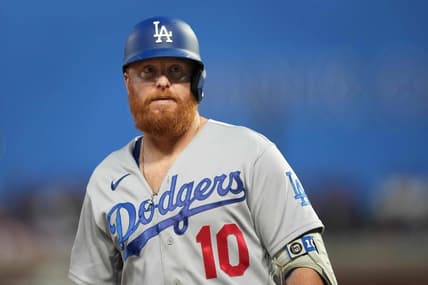 Sep 17, 2022; San Francisco, California, USA; Los Angeles Dodgers designated hitter Justin Turner (10) during the third inning against the San Francisco Giants at Oracle Park. Mandatory Credit: Darren Yamashita-USA TODAY Sports