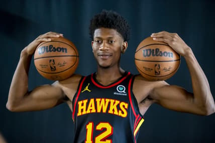 Sep 23, 2022; Atlanta, GA, USA; Atlanta Hawks forward De'Andre Hunter (12) poses for a photo at Hawks Media Day. Mandatory Credit: Brett Davis-USA TODAY Sports