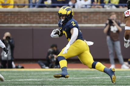 Sep 24, 2022; Ann Arbor, Michigan, USA; Michigan Wolverines running back Blake Corum (2) rushes in the first half against the Maryland Terrapins at Michigan Stadium. Mandatory Credit: Rick Osentoski-USA TODAY Sports