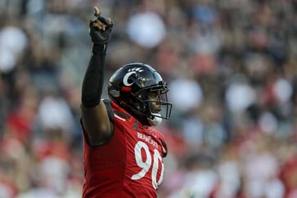 Sep 24, 2022; Cincinnati, Ohio, USA; Cincinnati Bearcats defensive lineman Jabari Taylor (90) reacts after an incomplete pass by the Indiana Hoosiers in the second half at Nippert Stadium. Mandatory Credit: Katie Stratman-USA TODAY Sports