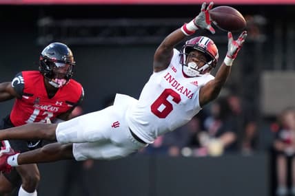 Sep 24, 2022; Cincinnati, Ohio, USA; Indiana Hoosiers wide receiver Cam Camper (6) extends to catch a pass against the Cincinnati Bearcats in the third quarter at Nippert Stadium. Mandatory Credit: Kareem Elgazzar/Cincinnati Enquirer via USA TODAY NETWORK