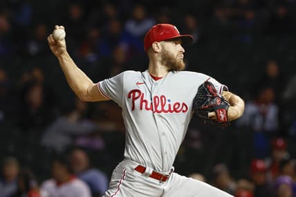 Sep 27, 2022; Chicago, Illinois, USA; Philadelphia Phillies starting pitcher Zack Wheeler (45) delivers against the Chicago Cubs during the first inning at Wrigley Field. Mandatory Credit: Kamil Krzaczynski-USA TODAY Sports