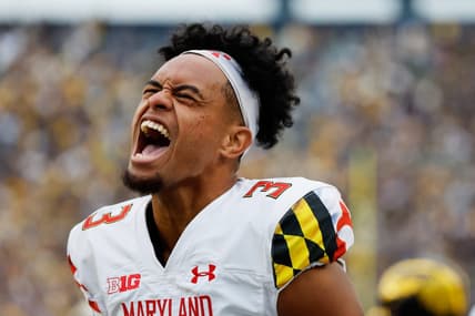Sep 24, 2022; Ann Arbor, Michigan, USA;  Maryland Terrapins quarterback Taulia Tagovailoa (3) reacts against the Michigan Wolverines at Michigan Stadium. Mandatory Credit: Rick Osentoski-USA TODAY Sports