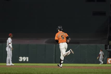 Sep 30, 2022; San Francisco, California, USA; San Francisco Giants right fielder Mike Yastrzemski (5) runs the bases after hitting a solo home run against the Arizona Diamondbacks during the fourth inning at Oracle Park. Mandatory Credit: John Hefti-USA TODAY Sports