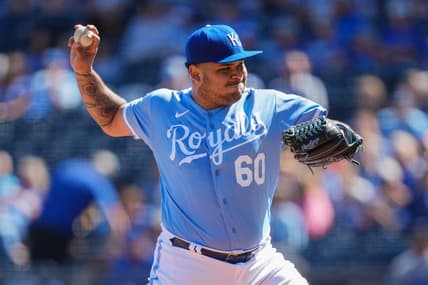 Sep 25, 2022; Kansas City, Missouri, USA; Kansas City Royals starting pitcher Max Castillo (60) pitches during the first inning against the Seattle Mariners at Kauffman Stadium. Mandatory Credit: Jay Biggerstaff-USA TODAY Sports