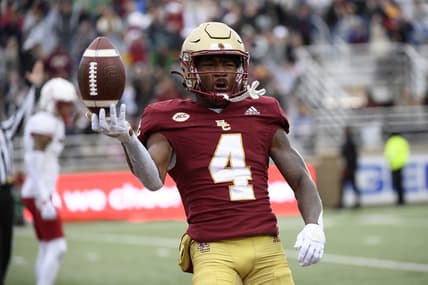 Oct 1, 2022; Chestnut Hill, Massachusetts, USA;  Boston College Eagles wide receiver Zay Flowers (4) reacts after scoring a touchdown during the first half against the Louisville Cardinals at Alumni Stadium. Mandatory Credit: Bob DeChiara-USA TODAY Sports