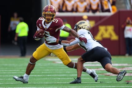 Oct 1, 2022; Minneapolis, Minnesota, USA; Minnesota Golden Gophers wide receiver Daniel Jackson (9) runs the ball against the Purdue Boilermakers during the second quarter at Huntington Bank Stadium. Mandatory Credit: Matt Krohn-USA TODAY Sports