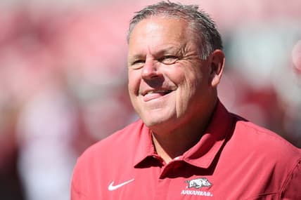 Oct 1, 2022; Fayetteville, Arkansas, USA; Arkansas Razorbacks head coach Sam Pittman prior to the game against the Alabama Crimson Tide at Donald W. Reynolds Razorback Stadium. Mandatory Credit: Nelson Chenault-USA TODAY Sports