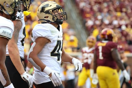 Oct 1, 2022; Minneapolis, Minnesota, USA; Purdue Boilermakers running back Devin Mockobee (45) celebrates after scoring a touchdown during the fourth quarter at Huntington Bank Stadium. Mandatory Credit: Matt Krohn-USA TODAY Sports