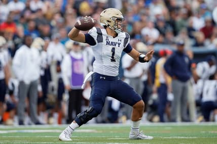 Oct 1, 2022; Colorado Springs, Colorado, USA; Navy Midshipmen quarterback Tai Lavatai (1) looks to pass in the fourth quarter against the Air Force Falcons at Falcon Stadium. Mandatory Credit: Isaiah J. Downing-USA TODAY Sports