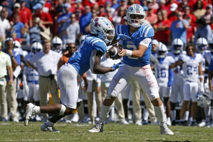 Oct 1, 2022; Oxford, Mississippi, USA; Mississippi Rebels quarterback Jaxson Dart (2) hands the ball off to Mississippi Rebels running back Quinshon Judkins (4) during the third quarter against the Kentucky Wildcats at Vaught-Hemingway Stadium. Mandatory Credit: Petre Thomas-USA TODAY Sports