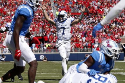 Oct 1, 2022; Oxford, Mississippi, USA; Kentucky Wildcats quarterback Will Levis (7) reacts after a touchdown pass during the third quarter against the Mississippi Rebels at Vaught-Hemingway Stadium. Mandatory Credit: Petre Thomas-USA TODAY Sports