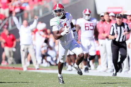 Oct 1, 2022; Fayetteville, Arkansas, USA; Alabama Crimson Tide running back Jahmyr Gibbs (1) runs after a catch in the second quarter against the Arkansas Razorbacks at Donald W. Reynolds Razorback Stadium. Mandatory Credit: Nelson Chenault-USA TODAY Sports