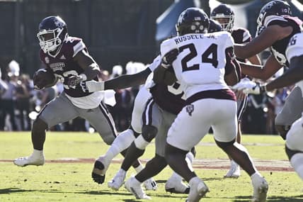 Oct 1, 2022; Starkville, Mississippi, USA;  Mississippi State Bulldogs running back Dillon Johnson (23) runs the ball against the Texas A&M Aggies during the second quarter at Davis Wade Stadium at Scott Field. Mandatory Credit: Matt Bush-USA TODAY Sports