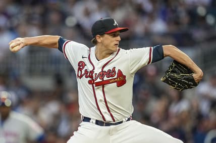 Oct 1, 2022; Cumberland, Georgia, USA; Atlanta Braves starting pitcher Kyle Wright (30) pitches against the New York Mets during the first inning at Truist Park. Mandatory Credit: Dale Zanine-USA TODAY Sports