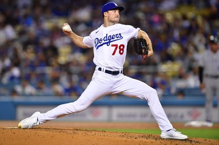 Oct 1, 2022; Los Angeles, California, USA; Los Angeles Dodgers starting pitcher Michael Grove (78) throws against the Colorado Rockies during the fourth inning at Dodger Stadium. Mandatory Credit: Gary A. Vasquez-USA TODAY Sports