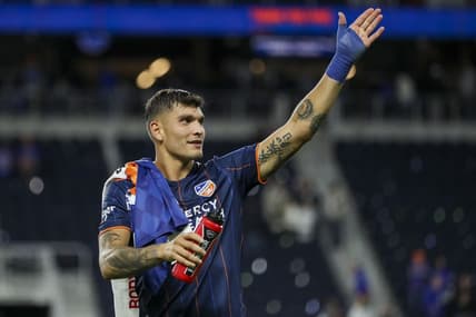 Oct 1, 2022; Cincinnati, Ohio, USA; FC Cincinnati forward Brandon Vazquez (19) waves to fans after a match against the Chicago Fire at TQL Stadium. Mandatory Credit: Katie Stratman-USA TODAY Sports