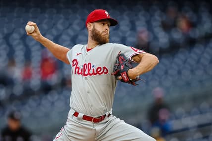 Oct 2, 2022; Washington, District of Columbia, USA; Philadelphia Phillies starting pitcher Zack Wheeler (45) pitches against the Washington Nationals during the first inning at Nationals Park. Mandatory Credit: Scott Taetsch-USA TODAY Sports