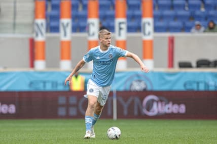 Oct 2, 2022; Harrison, New Jersey, USA; New York City FC midfielder Keaton Parks (55) passes the ball against Orlando City SC during the second half at Red Bull Arena. Mandatory Credit: Vincent Carchietta-USA TODAY Sports