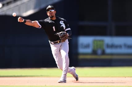 Oct 2, 2022; San Diego, California, USA; Chicago White Sox second baseman Elvis Andrus (1) throws to first base on a ground out by San Diego Padres shortstop Ha-Seong Kim (not pictured) during the fourth inning at Petco Park. Mandatory Credit: Orlando Ramirez-USA TODAY Sports