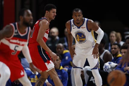 Oct 2, 2022; Saitama, JPN; Golden State Warriors forward Draymond Green (23) watches the ball against the Washington Wizards in the second quarter at Saitama Super Arena. Mandatory Credit: Yukihito Taguchi-USA TODAY Sports