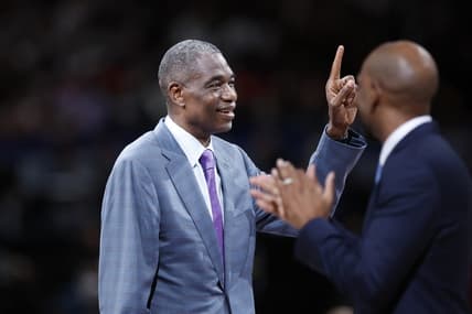 Oct 2, 2022; Saitama, JPN; Dikembe Mutombo gestures as he is introduced after the first quarter at Saitama Super Arena. Mandatory Credit: Yukihito Taguchi-USA TODAY Sports