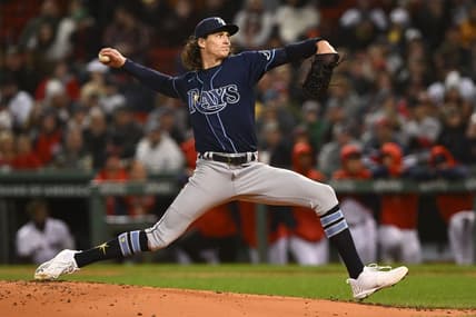 Oct 3, 2022; Boston, Massachusetts, USA; Tampa Bay Rays starting pitcher Tyler Glasnow (20) pitches against the Boston Red Sox during the first at inning at Fenway Park. Mandatory Credit: Brian Fluharty-USA TODAY Sports