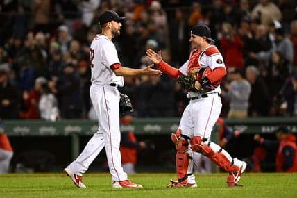 Oct 3, 2022; Boston, Massachusetts, USA; Boston Red Sox catcher Reese McGuire (3) high-fives relief pitcher Matt Barnes (32) after defeating the Tampa Bay Rays at Fenway Park. Mandatory Credit: Brian Fluharty-USA TODAY Sports