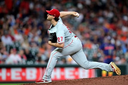 Oct 3, 2022; Houston, Texas, USA; Philadelphia Phillies starting pitcher Aaron Nola (27) delivers a pitch against the Houston Astros during the seventh inning at Minute Maid Park. Mandatory Credit: Erik Williams-USA TODAY Sports
