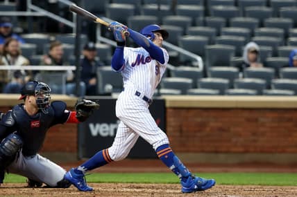 Oct 4, 2022; New York City, New York, USA; New York Mets center fielder Brandon Nimmo (9) follows through on a solo home run against the Washington Nationals during the fourth inning at Citi Field. Mandatory Credit: Brad Penner-USA TODAY Sports