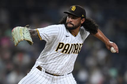 Oct 4, 2022; San Diego, California, USA; San Diego Padres starting pitcher Sean Manaea (55) throws a pitch against the San Francisco Giants during the first inning at Petco Park. Mandatory Credit: Orlando Ramirez-USA TODAY Sports