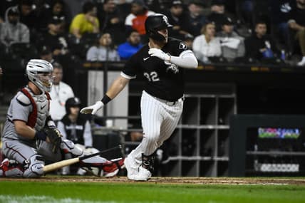 Oct 4, 2022; Chicago, Illinois, USA;  Chicago White Sox right fielder Gavin Sheets (32) hits a two run single against the Minnesota Twins during the third inning at Guaranteed Rate Field. Mandatory Credit: Matt Marton-USA TODAY Sports