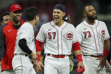 Oct 4, 2022; Cincinnati, Ohio, USA; Cincinnati Reds left fielder Stuart Fairchild (57) reacts after scoring a walk-off double hit by third baseman Spencer Steer (not pictured) in the ninth inning against the Chicago Cubs at Great American Ball Park. Mandatory Credit: Katie Stratman-USA TODAY Sports