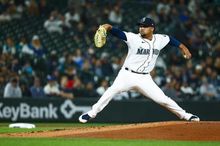 Oct 4, 2022; Seattle, Washington, USA; Seattle Mariners starting pitcher Justus Sheffield (33) throws against the Detroit Tigers during the first inning at T-Mobile Park. Mandatory Credit: Joe Nicholson-USA TODAY Sports