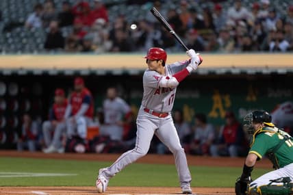 Oct 4, 2022; Oakland, California, USA;  Los Angeles Angels starting pitcher Shohei Ohtani (17) bats during the first inning against the Oakland Athletics at RingCentral Coliseum. Mandatory Credit: Stan Szeto-USA TODAY Sports