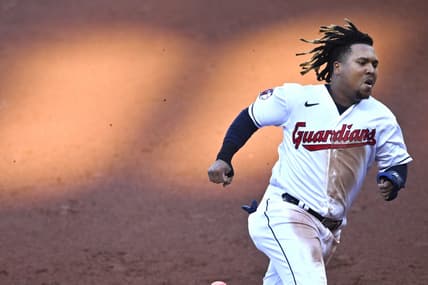 Oct 5, 2022; Cleveland, Ohio, USA; Cleveland Guardians third baseman Jose Ramirez (11) runs the bases in the first inning against the Kansas City Royals at Progressive Field. Mandatory Credit: David Richard-USA TODAY Sports
