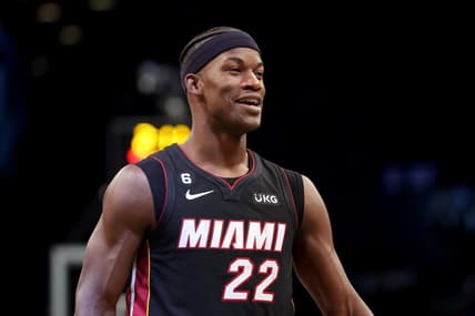 Oct 6, 2022; Brooklyn, New York, USA; Miami Heat forward Jimmy Butler (22) reacts during the second quarter against the Brooklyn Nets at Barclays Center. Mandatory Credit: Brad Penner-USA TODAY Sports