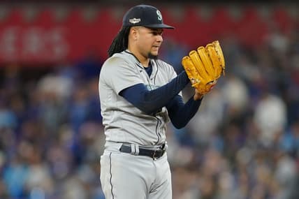 Oct 7, 2022; Toronto, Ontario, CAN; Seattle Mariners starting pitcher Luis Castillo (21) on the mound in the seventh inning against the Toronto Blue Jays during game one of the Wild Card series for the 2022 MLB Playoffs at Rogers Centre. Mandatory Credit: Nick Turchiaro-USA TODAY Sports