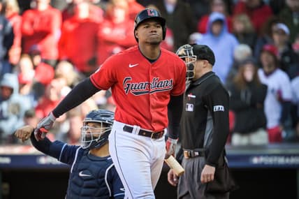 Oct 8, 2022; Cleveland, Ohio, USA; Cleveland Guardians right fielder Oscar Gonzalez (39) strikes out against the Tampa Bay Rays in the tenth inning during game two of the Wild Card series for the 2022 MLB Playoffs at Progressive Field. Mandatory Credit: Ken Blaze-USA TODAY Sports