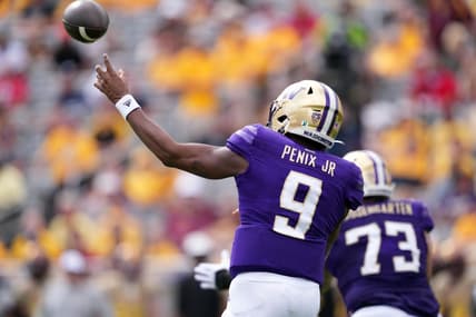 Oct 8, 2022; Tempe, Arizona, USA; Washington Huskies quarterback Michael Penix Jr. (9) throws a pass against the Arizona State Sun Devils during the first half at Sun Devil Stadium. Mandatory Credit: Joe Camporeale-USA TODAY Sports