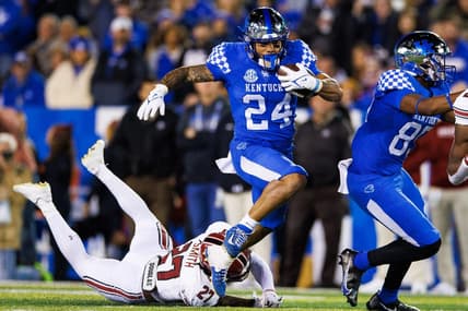Oct 8, 2022; Lexington, Kentucky, USA; Kentucky Wildcats running back Chris Rodriguez Jr. (24) runs the ball during the first quarter against the South Carolina Gamecocks at Kroger Field. Mandatory Credit: Jordan Prather-USA TODAY Sports